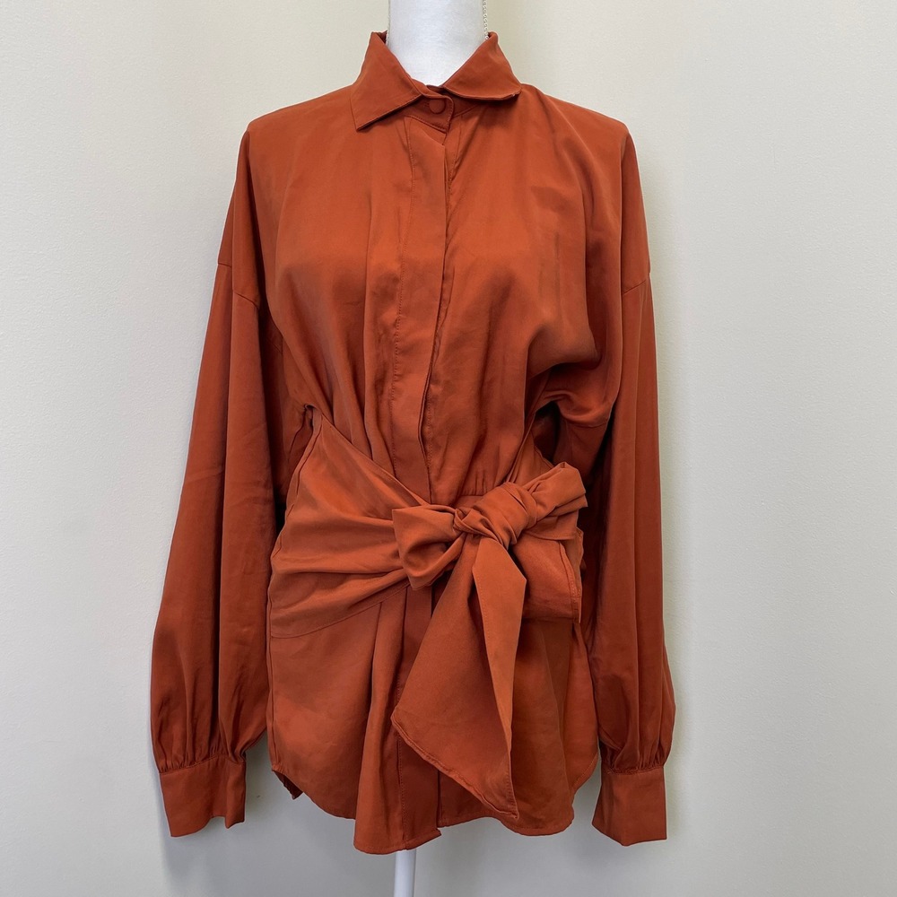 Nonchalant Label Burnt Orange Rust Wrap Shirt Dress M Long Sleeve Fall Bohemian